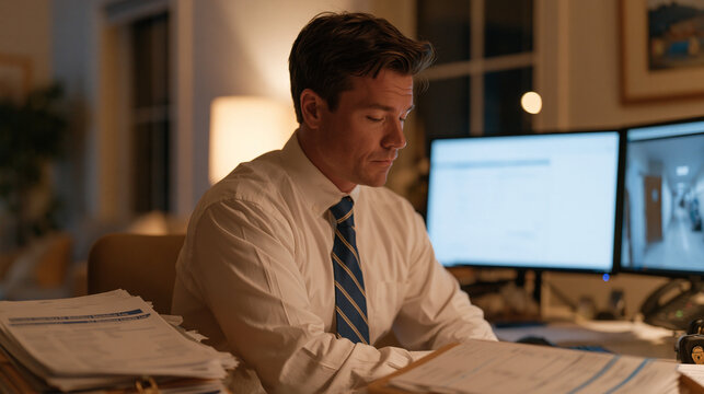 Drug diversion prevention coordinator reviews controlled substance access anomaly reports on a dual-monitor workstation in a hospital compliance office, printed deviation logs stacked beside a locke