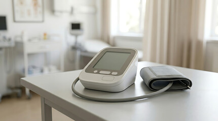 Fototapeta premium Modern digital blood pressure monitor with cuff resting on a white table in a medical clinic room