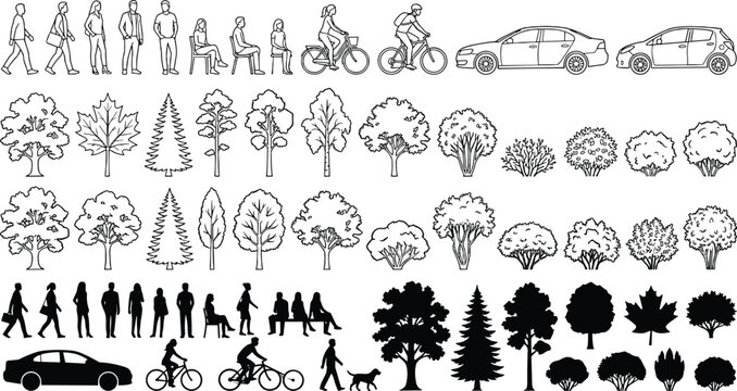 Architectural scale figures and landscape elements vector set, black outline and silhouette people, trees, cars, and cyclists for site plan rendering