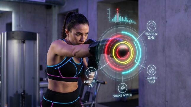 High-Tech Sports Training Concept: Female Boxer Interacting with Holographic Target Interface and Performance Metrics