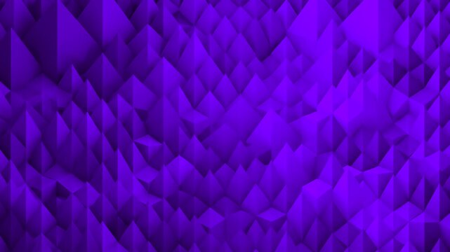 Deep purple and violet geometric low poly shards pulse and shifting in a continuous loop, generating a high-contrast dark crystal aesthetic. The rich metallic sheen and sharp polygonal details make it