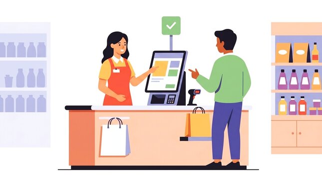 Customer Paying at Supermarket Checkout Counter with Cashier.