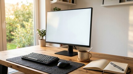 Fototapeta premium Cozy home office workspace featuring a blank computer monitor mockup on a wooden desk, mechanical keyboard, notebook, coffee cup, and warm morning sunlight shining through a window.