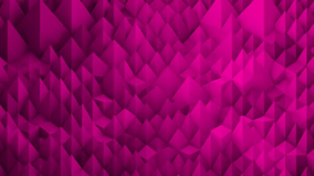 A vibrant magenta and pink low poly geometric surface waves smoothly while reflecting sharp neon hues across its crystalline faces. This stylish 3D motion graphic is well-suited for fashion branding, 