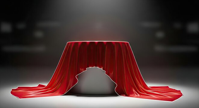 Red Velvet Curtain Covering Object on Stage.