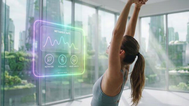 Future Wellness and AI Health Concept: Woman Stretching in Futuristic Center with Holographic Recovery Interface