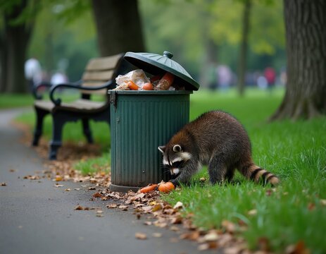 Raccoon digs in city park trash bin for food scraps. This cute critter scavenges near park bench and path. Animal looks for meal amidst fallen leaves and grass.