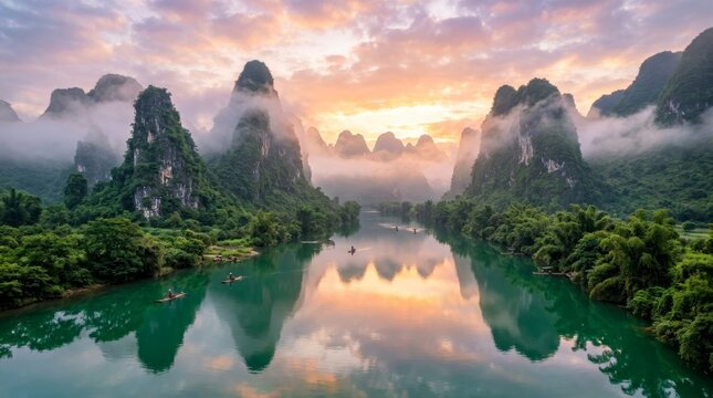 Misty Karst Peaks and Emerald River at Sunrise