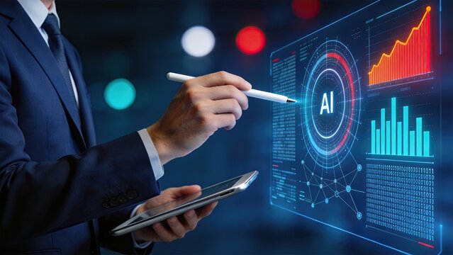 Businessman using stylus on tablet pointing at AI hologram interface, big data analytics, machine learning visualization, corporate strategy planning, digital transformation,