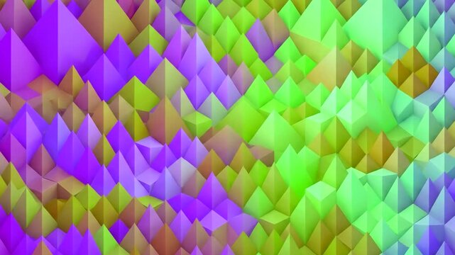 An abstract 3D background featuring shifting geometric pyramids in vibrant shades of green, lime, and purple. This looping low-poly grid animation is suitable for technology presentations, modern digi