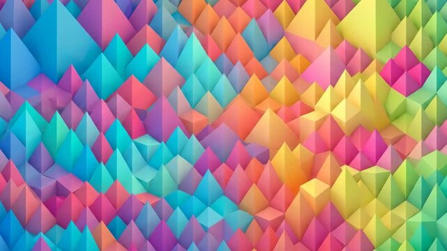 A vibrant 3D low poly animation loop featuring colorful abstract geometric pyramids shifting gently. This bright, multicolored texture includes pink, orange, yellow, and blue shades, creating a dynami