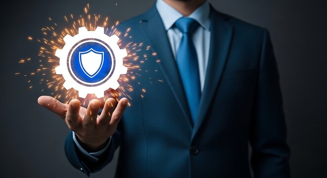 Businessman in blue suit presenting a glowing blue shield symbolizing protection and security shield protection