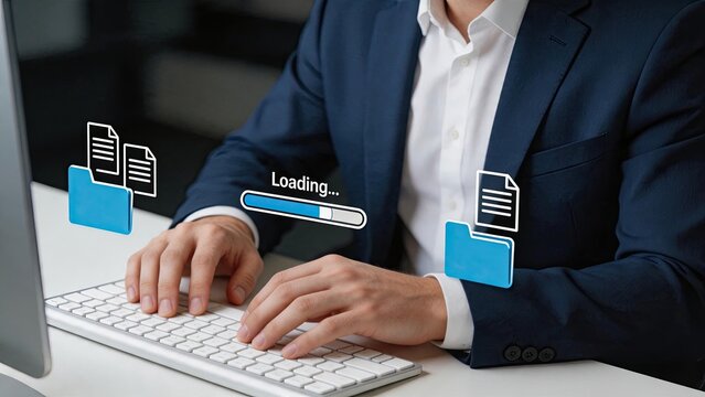 Digital file transfer and upload process, cloud storage synchronization loading bar animation, folder organization and document management system, data migration backup concept on