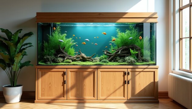 Large glass fish tank filled with green plants and small fish, sits on a wooden cabinet. Bright room with window light. Peaceful home decor.
