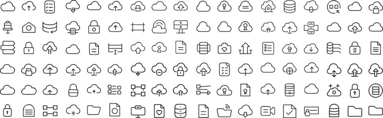Fototapeta premium A collection of cloud storage icons in a grid layout, showcasing various data management and security symbols in a clean, minimalist line art style.