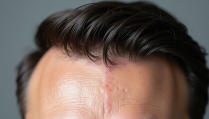 Fototapeta premium Man shows hairline with surgical scar and new hair growth. Focus on scalp restoration after transplant procedure. Medical dermatology concept for hair loss.