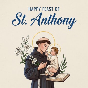 Illustration of st anthony holding a child with a book and flowers on a beige background with a religious message