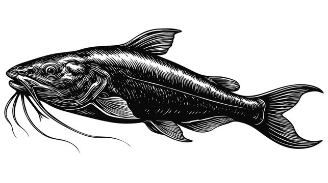 Detailed catfish woodcut style engraving illustration with barbels
