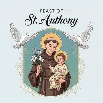 Illustration of st anthony holding a child and flowers with doves on a light blue background for feast of st anthony celebration