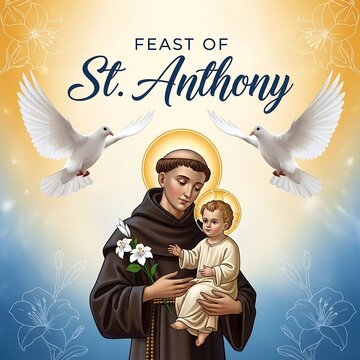 Feast of st anthony illustration with saint, child, doves, and flowers on colorful background