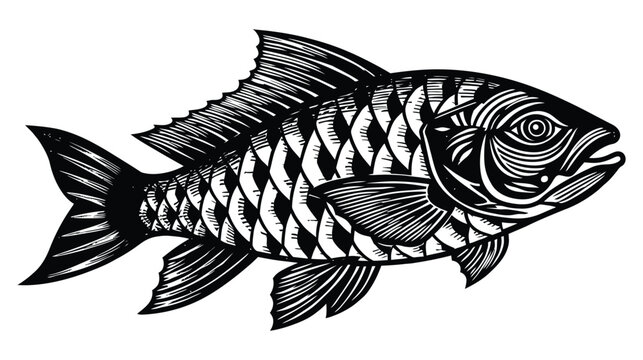 Stylized black and white fish graphic with intricate scale pattern