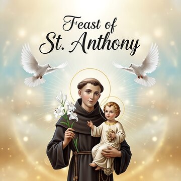 Feast of st anthony illustration with saint holding child and flowers surrounded by doves on golden background