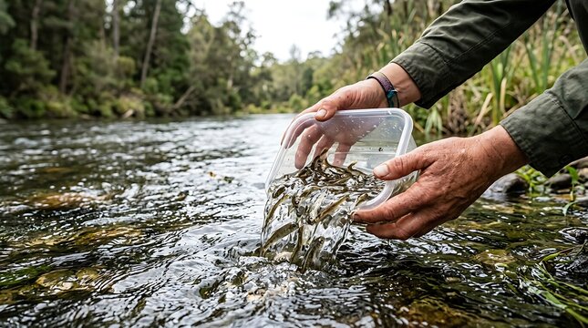 Releasing Fingerling Fish from Container into Fast Flowing River, Environmental Conservation and Stream Ecosystem Restocking