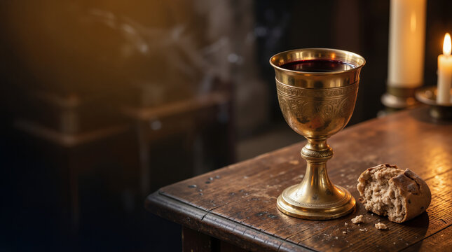 Ornate golden chalice with red wine and broken bread on a rustic wooden table. Holy communion and Eucharist sacrament concept. Copy space for text