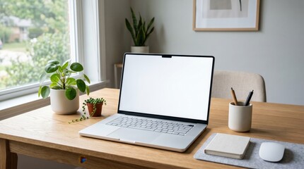 Fototapeta premium Laptop mockup with a blank white screen sits on a minimalist wooden desk in a bright home office, surrounded by green potted plants and natural light from a window, perfect for business display.
