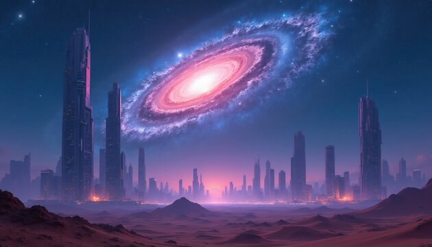 Futuristic city skyline with towering skyscrapers under a vibrant galaxy and starry night sky. Desert landscape in foreground. Future urban exploration concept.