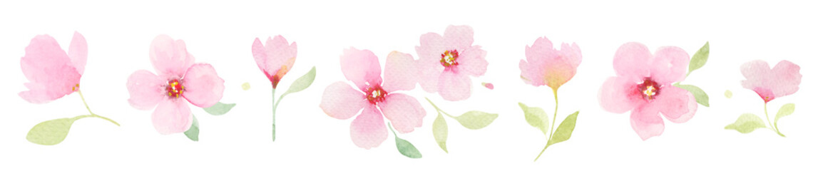 Fototapeta premium Seamless Watercolor Floral Border with Soft Pink Flowers and Botanical Elements