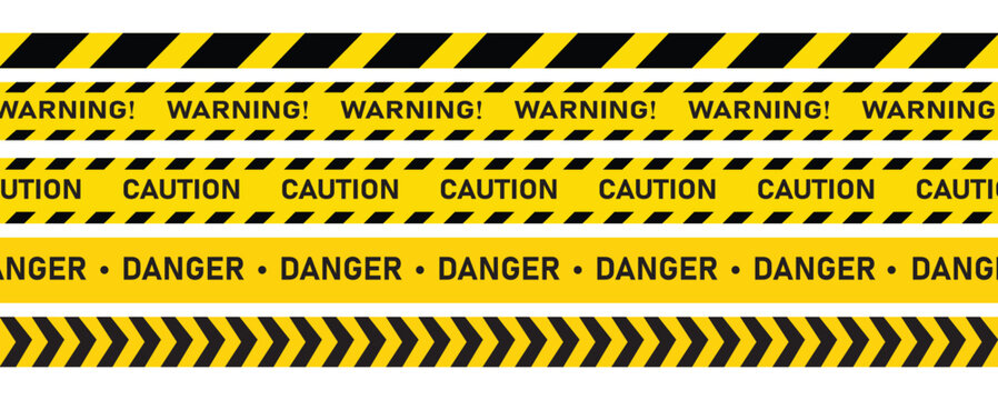 Yellow and black caution tape vector set, seamless hazard warning ribbons with text warning, caution, and danger, industrial safety barrier stripe collection.