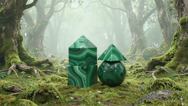 Mossy forest mist shrouds vibrant green malachite geometric shapes.