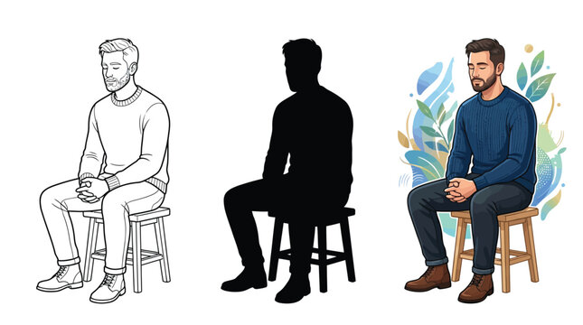 A serene man with a beard sits peacefully on a wooden stool in this creative illustration showing a line art silhouette and a colored character version