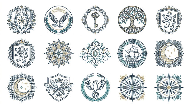 Collection of Vintage Heraldic Emblems and Symbols.