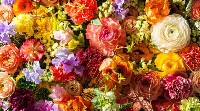  Layers of ranunculus, roses, and ruffled blooms in coral, apricot, cream, and sunshine yellow spill across the image, every petal overlapping like brushstrokes in a bright painterly canvas of springt
