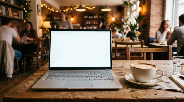 Laptop with blank screen mockup on a rustic wooden table next to a cup of hot latte coffee in a cozy, warm-lit cafe background filled with blurred patrons working or socializing.