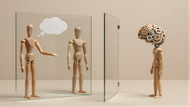 Wooden figures: one thinking one neutral one mechanical - symbolizing