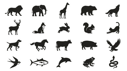 Fototapeta premium Clean Set of 20 Black Animal Silhouette Icons – Mammals, Birds, Fish, Insects, and Reptiles Arranged in 5×4 Grid