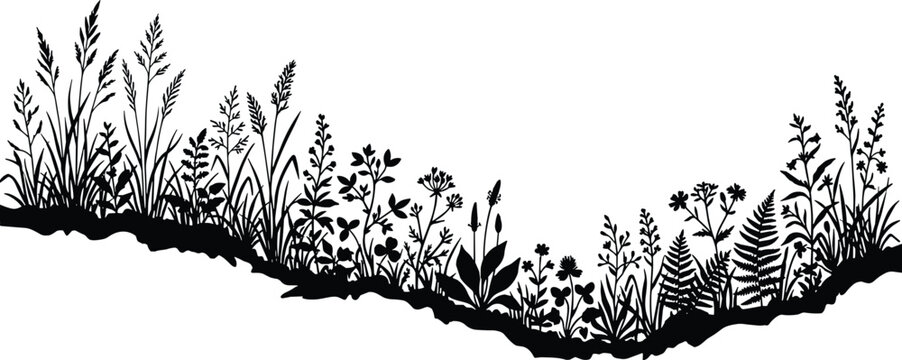 Wildflower meadow silhouette vector, black floral border with field grass and weeds, botanical garden landscape illustration for summer wedding decor