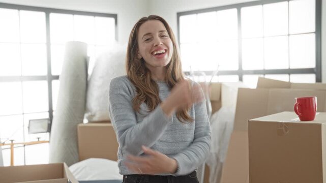 Woman laughing, hand to mouth and arm across elbow among stacked moving boxes with rolled mattress and red mug on box in bright building; joy new home.