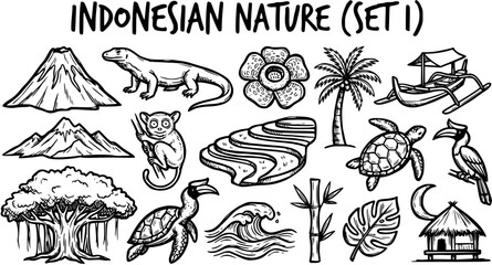 Hand Drawn Indonesian Nature and Wildlife Icons Set. Black and White Line Art Doodle Collection of Travel and Cultural Elements. © arulumia