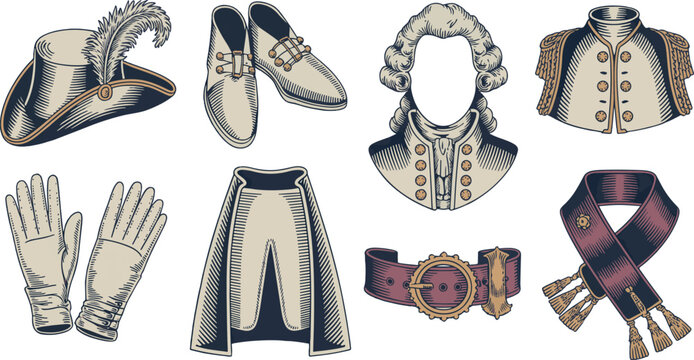 Vintage 18th Century Colonial Military Clothing and Gentlemen Fashion Vector Icons Set