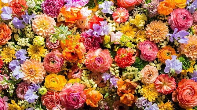  Ranunculus, roses, chrysanthemums, and delicate filler blooms swirl together in a radiant floral wall, blending warm oranges, peaches, pinks, and golds into a joyful celebration of lush petals, intri