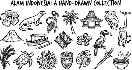 Hand-Drawn Indonesian Icons Collection: Diverse Black  White Line Art of Culture, Nature, Fauna, and Travel Symbols of Indonesia © arulumia