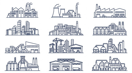 Naklejka premium Collection of Industrial Factory Buildings Silhouettes Vector Art.