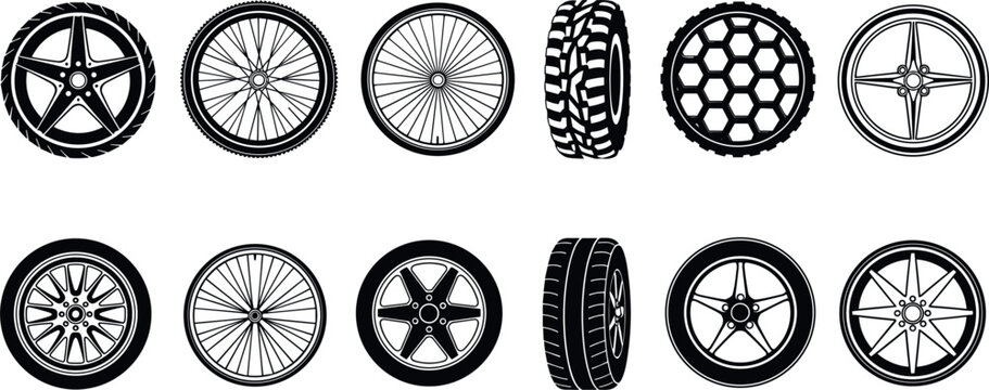 Car and Bicycle Wheel Vector Silhouette Set Featuring Car Tires, Rims, Alloy Spokes, and Offroad Treads Isolated on White Background for Automotive Designs