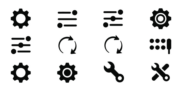 Settings and tools vector icon set, featuring gear, wrench, and equalizer symbols, clean isolated illustration for software settings, maintenance tools, customization options, and technical service 