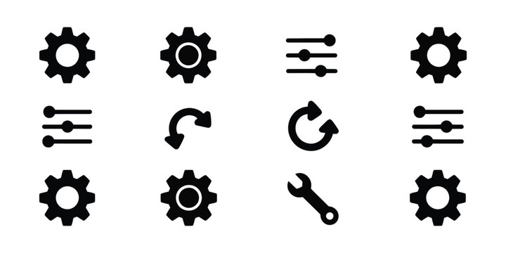 Settings and tools vector icon set, gear, wrench, and equalizer symbols, isolated on transparent background for user interface design, configuration panels, and system control applications.