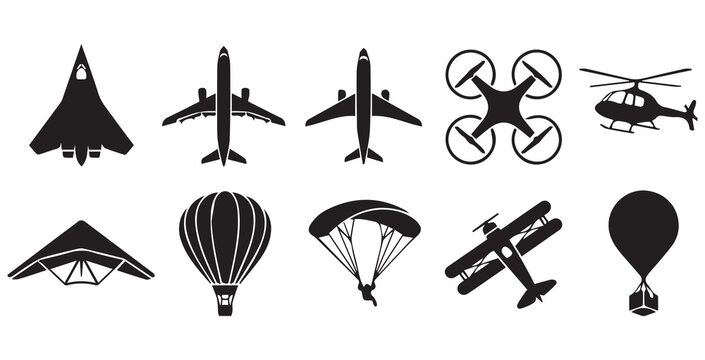 Air Transport Icons Set - Aircraft Drone Hot Air Balloon